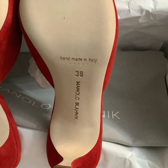Manolo Blahnik Maysale Red Suede Buckle Mules 70mm Heels Women’s EU-36/US-6 NWB - Picture 11 of 16